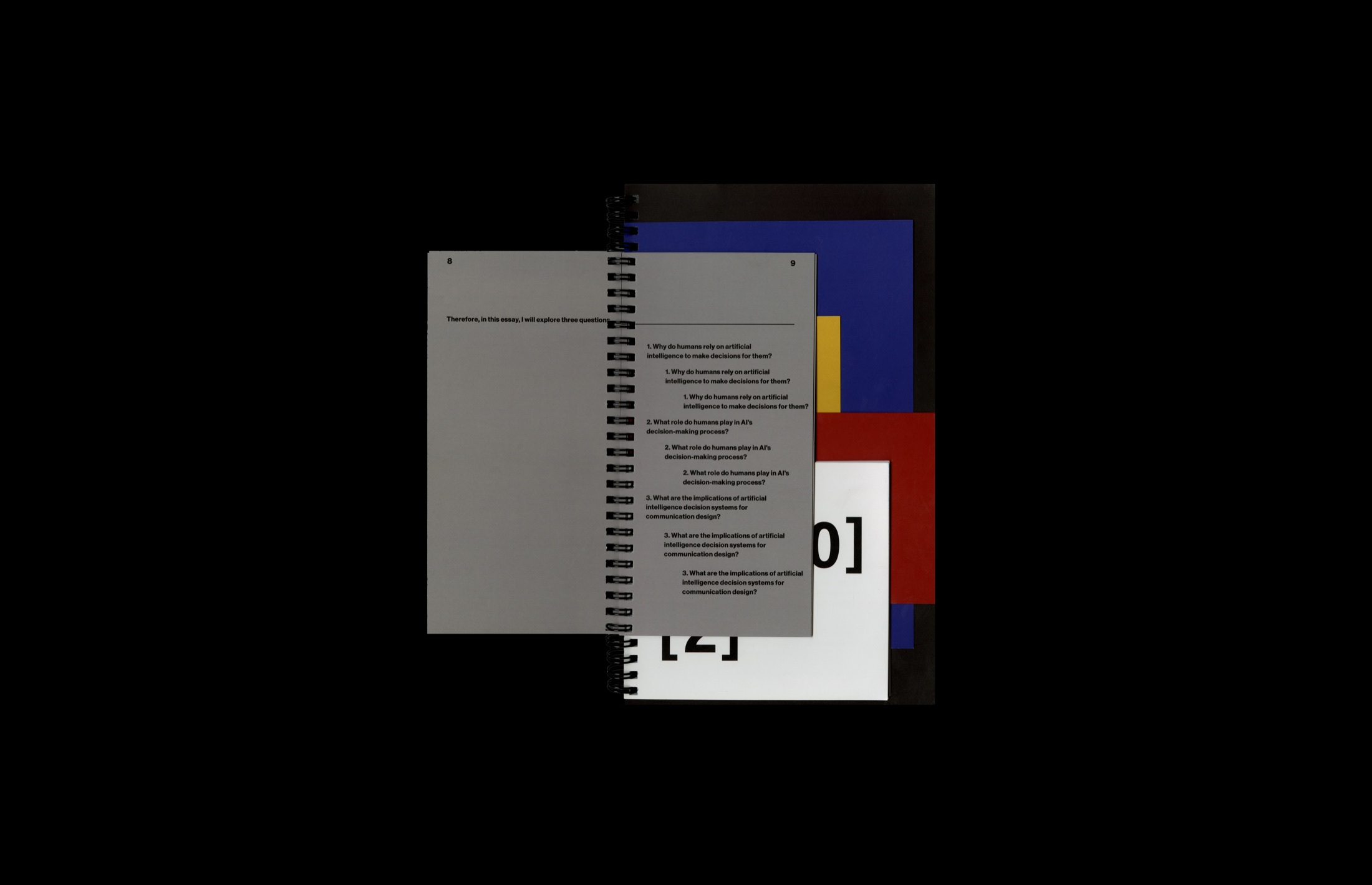 A small thesis booklet showing three research questions beside oversized numbered pages