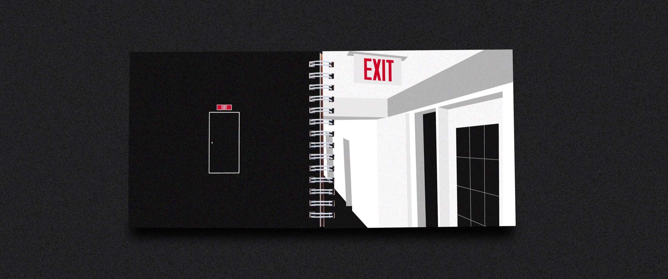 An EXIT book spread showing a black door and a stark modernist interior