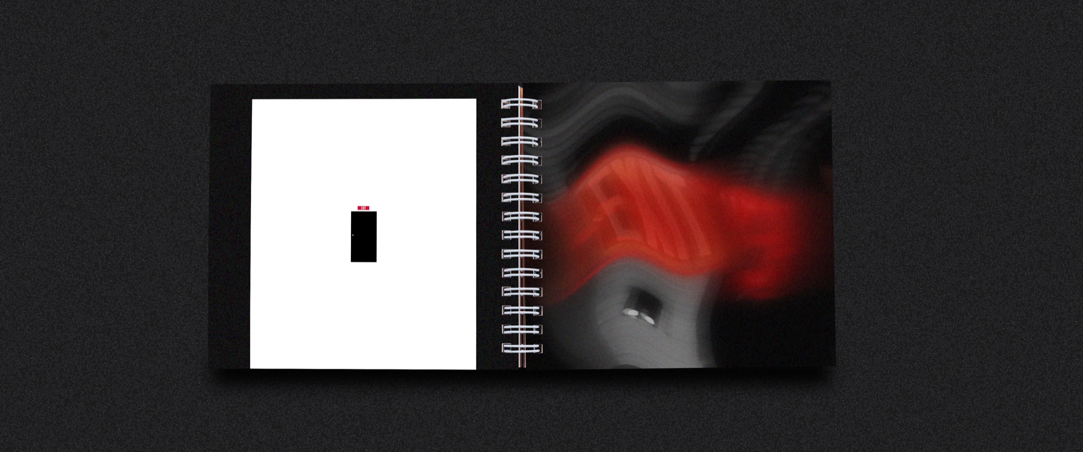 An EXIT book spread where a small door faces a blurred red architectural image