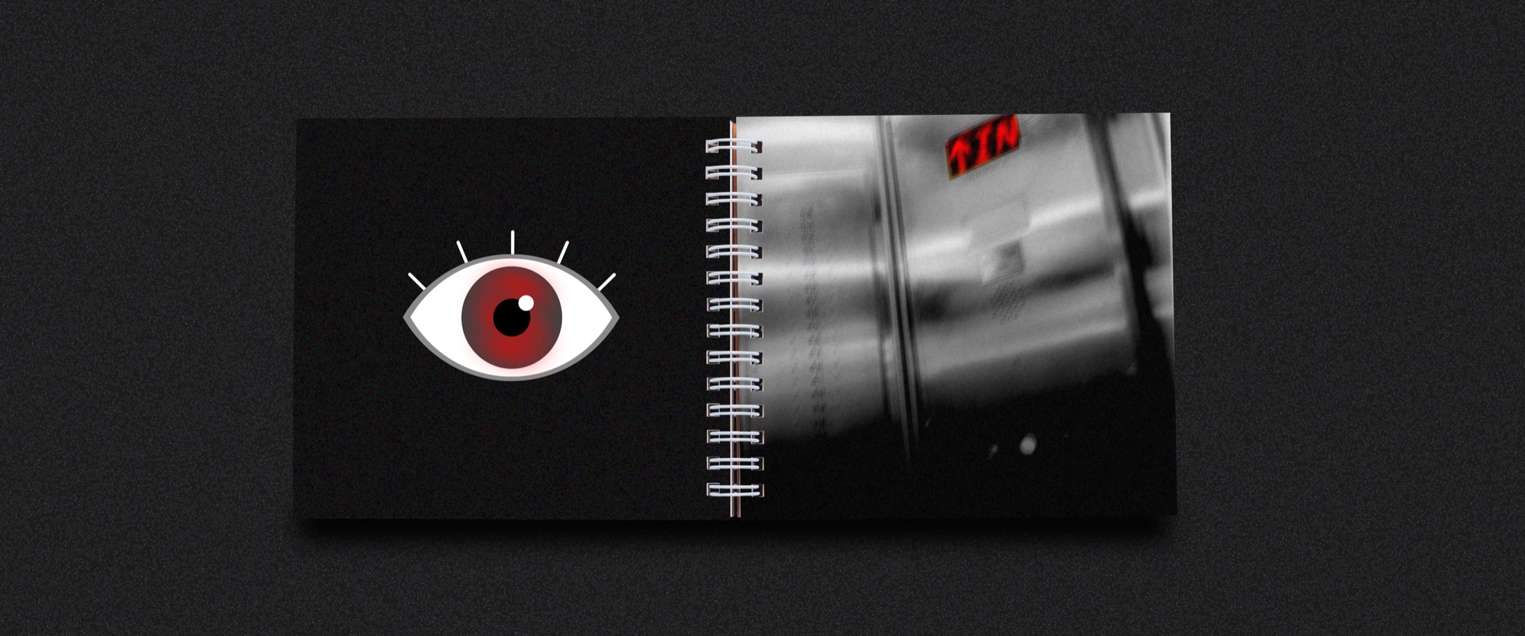 An EXIT book spread pairing a red eye with a distorted corridor photograph