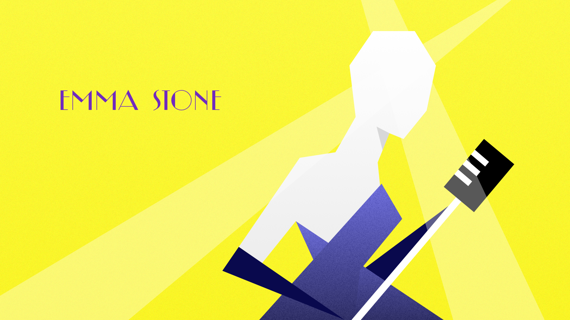 Illustrated Emma Stone figure dancing in a yellow landscape