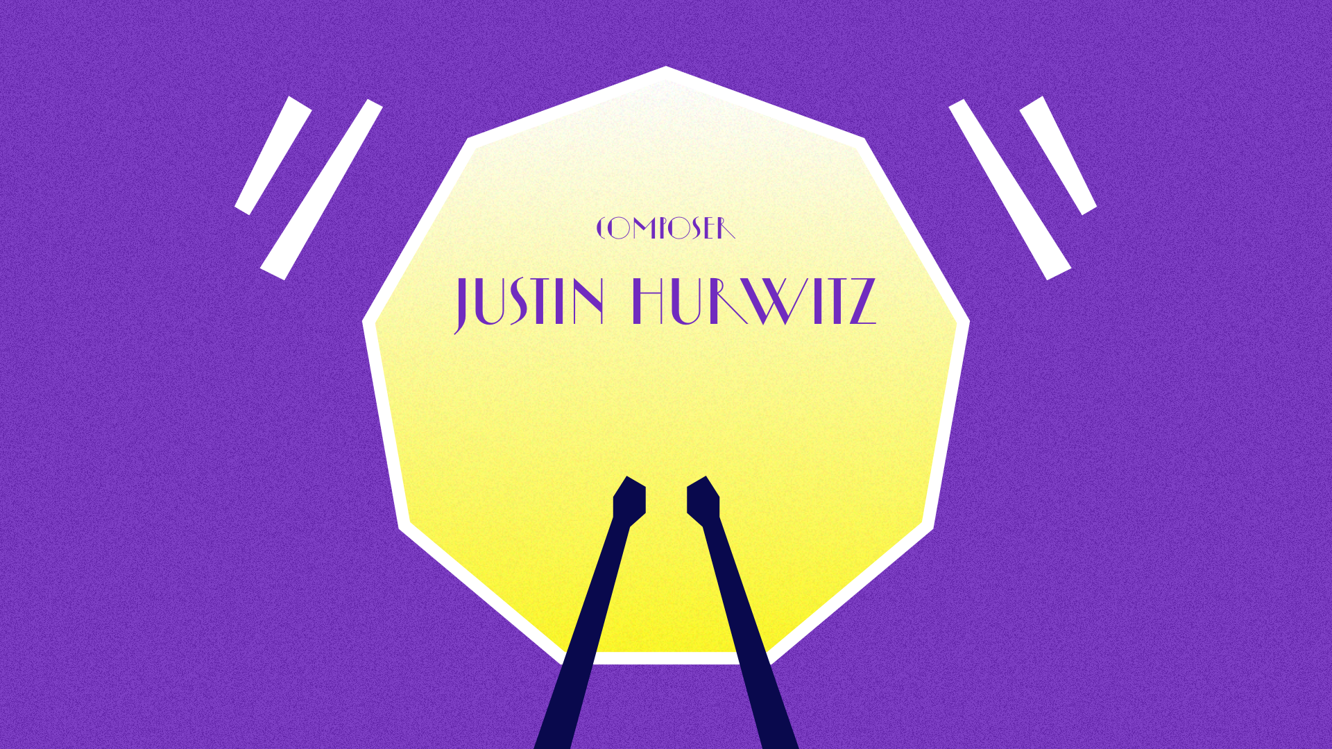 Illustrated Justin Hurwitz composer title framed by a yellow stage light