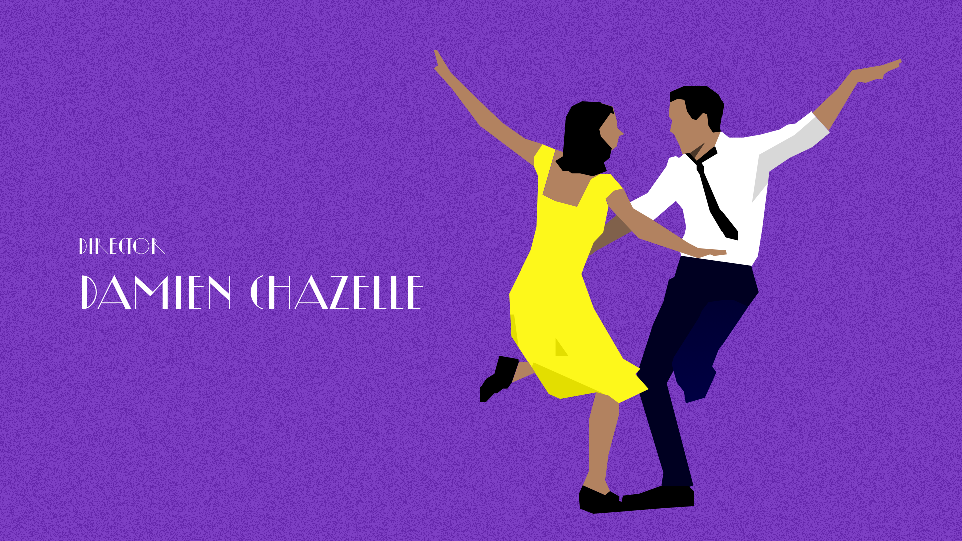 Illustrated Emma Stone and Ryan Gosling dancing against a purple background