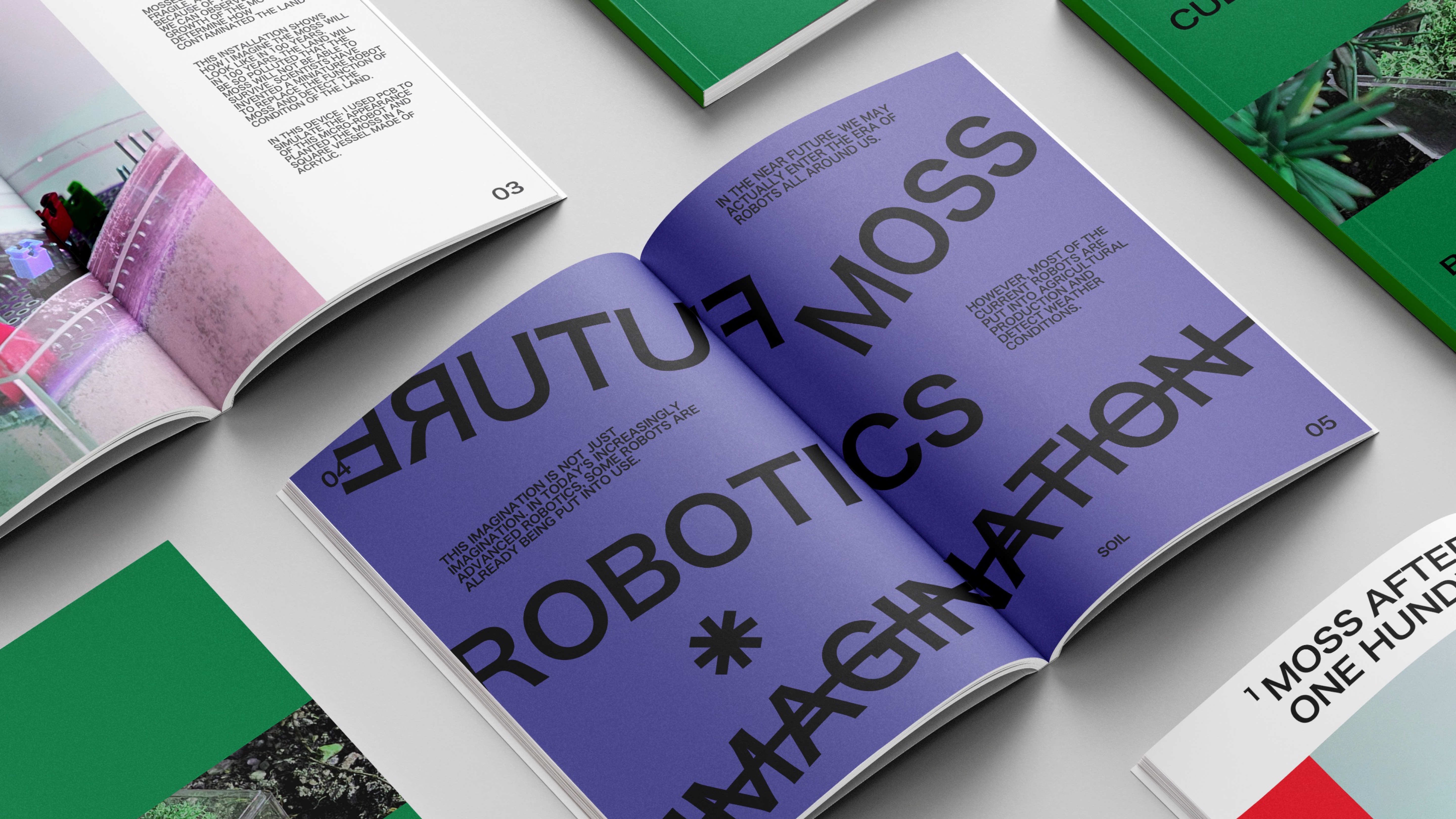MOSSCUBE publication spread discussing future robotics and moss