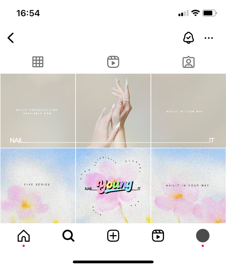 NAILIT social media grid with product, launch, and Young-line content