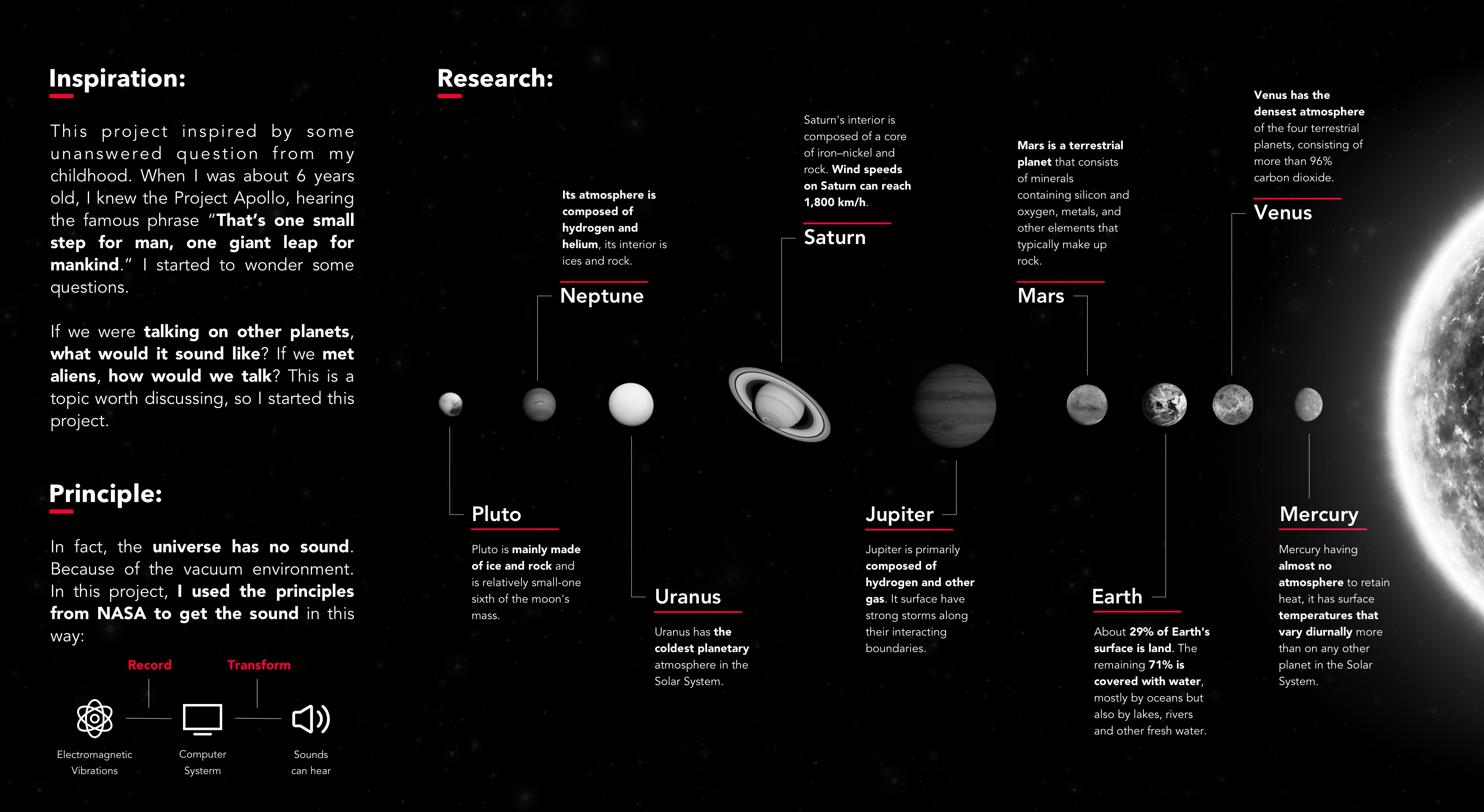 Star Echo research board connecting childhood space imagery, planetary references, sound and interactive questions