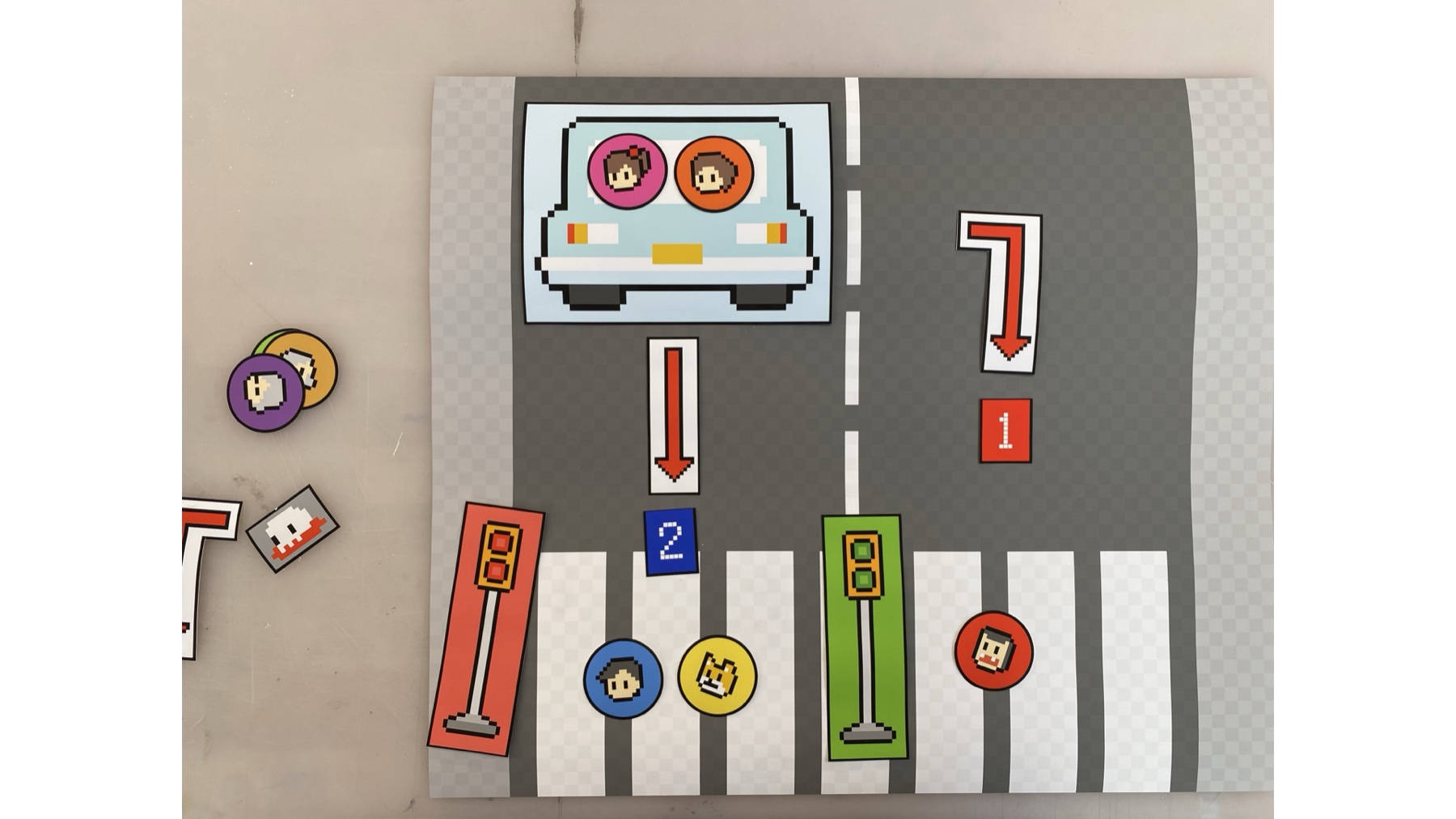 First participant-designed cultural probe scenario with character tokens and traffic signals