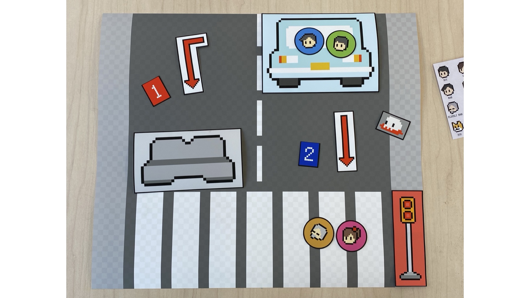 Second participant-designed cultural probe scenario with a car, crossing, and move cards