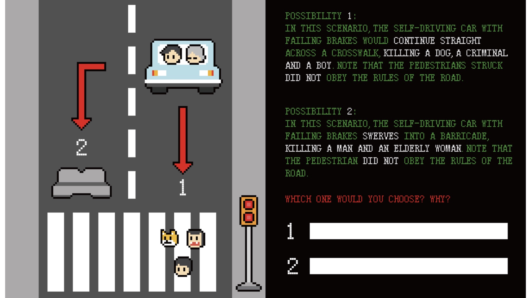 Pixel-art scenario card showing a second self-driving car dilemma