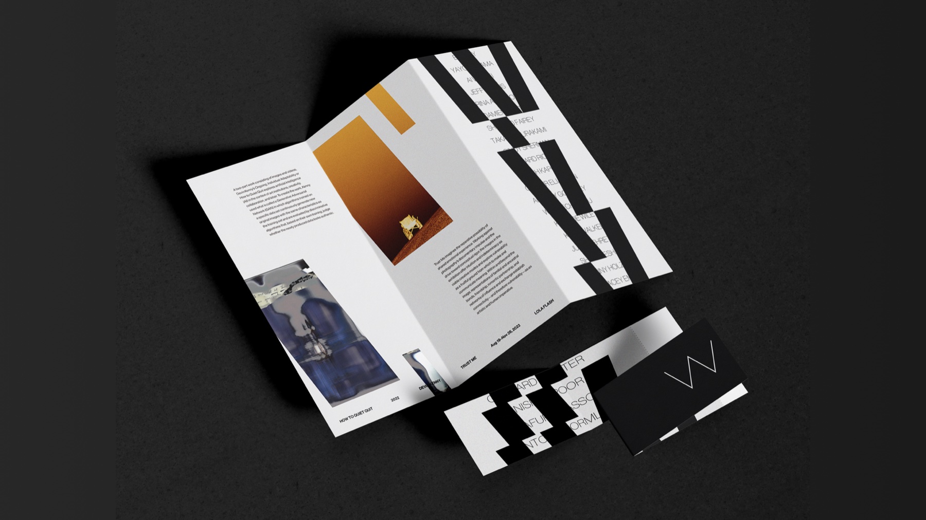 Whitney exhibition publication, cards, and printed collateral arranged on a dark surface