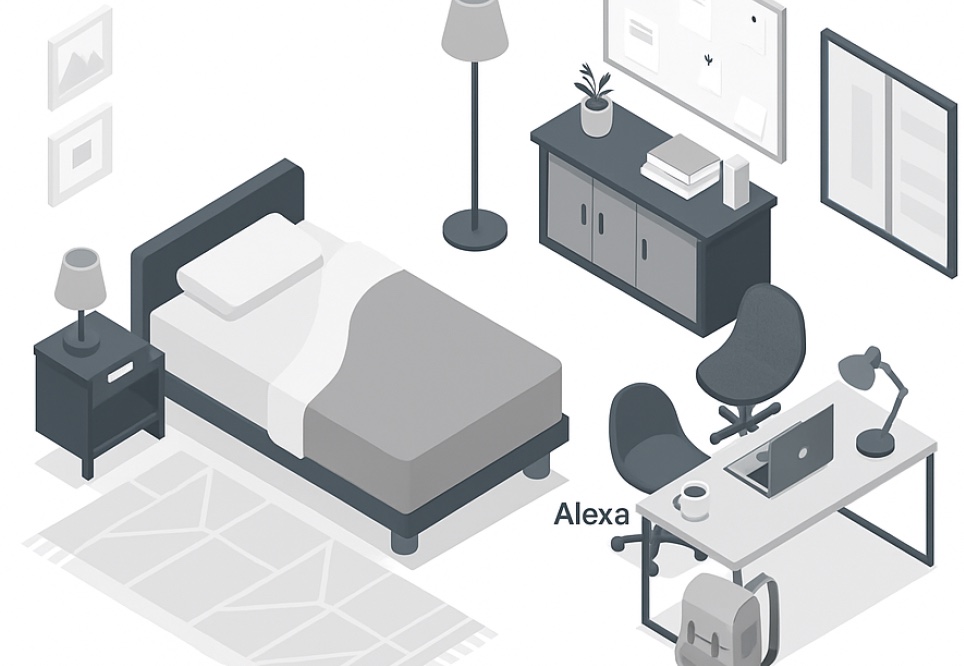Illustrated bedroom and study showing a smart speaker in a Saudi home context